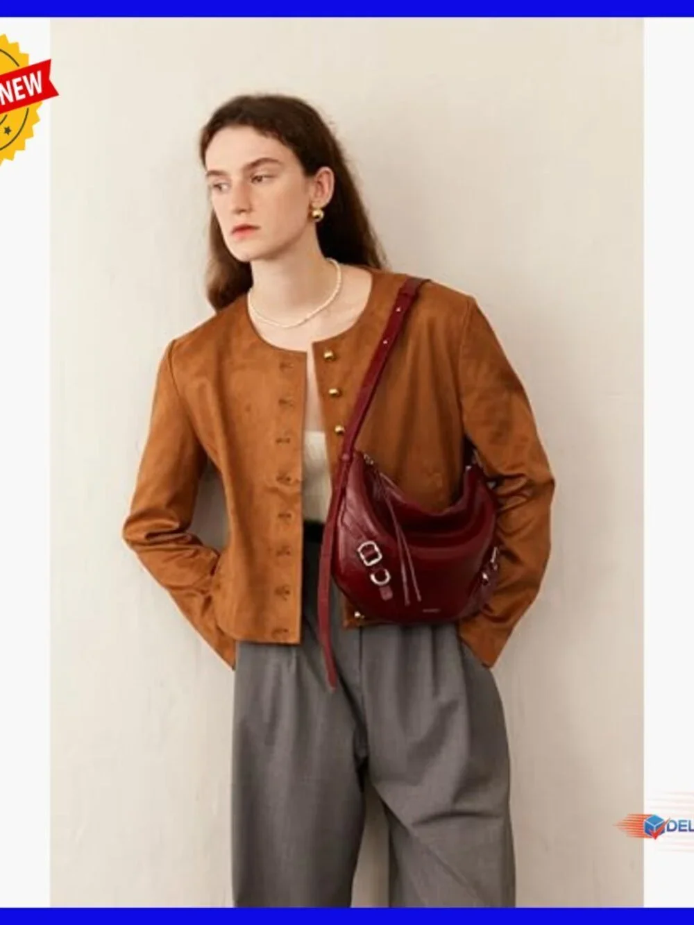 Split Leather Hobo Shoulder Bag with Adjustable Strap, Zipper Closure